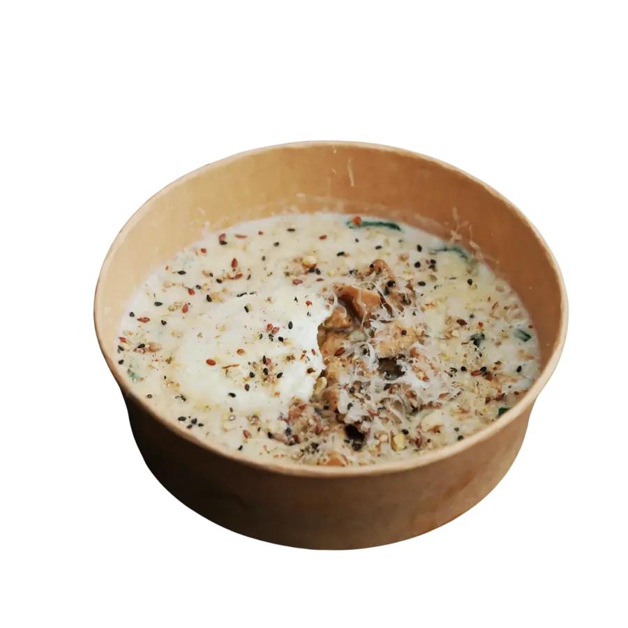 Вівсяна каша з білими грибами та яйцем пашот